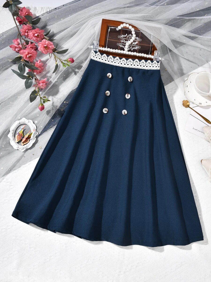 SHEIN Girls Contrast Lace Double Breasted Flare Skirt - Navy Blue - View 1