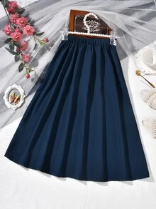 SHEIN Girls Contrast Lace Double Breasted Flare Skirt - Navy Blue - View 2