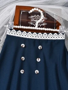 SHEIN Girls Contrast Lace Double Breasted Flare Skirt - Navy Blue - View 3