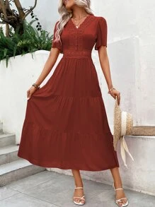 Breezaya Guipure Lace Insert Layered Hem Dress Maxi Vacation Beach Outfits Women - Rust Brown - View 4