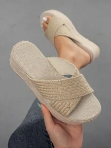 度假坡跟涼鞋適用於女士編織細節交叉帶編織涼鞋 - 杏色 - 查看 2