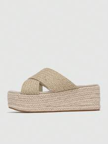 度假坡跟涼鞋適用於女士編織細節交叉帶編織涼鞋 - 杏色 - 查看 3