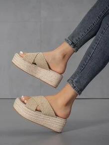 度假坡跟涼鞋適用於女士編織細節交叉帶編織涼鞋 - 杏色 - 查看 5