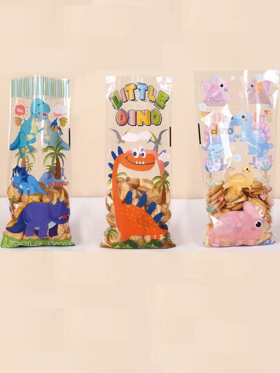 50pcs Cute Dinosaur Print Cookie Wrapping Bag, Mini Plastic Gift Packaging Bag For Party School Supplies Food Bag Food Box Suitable For Candy Chocolate Cookies Etc.