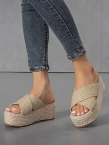 度假坡跟涼鞋適用於女士編織細節交叉帶編織涼鞋 - 杏色 - 查看 6