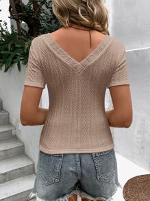 SHEIN LUNE 素色V領T恤 - 卡其色 - 查看 2