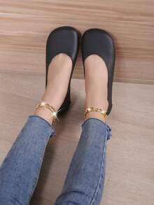 Elegant Ballet Flats For Women, Square Toe Slip-on Flats - Black - View 2