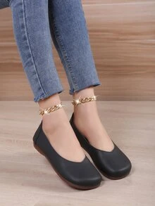 Elegant Ballet Flats For Women, Square Toe Slip-on Flats - Black - View 4