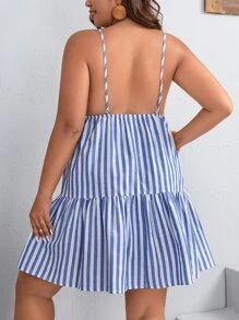 Dreamara Vestido de tirantes de rayas bajo con fruncido - Azul y blanco - Ver 2