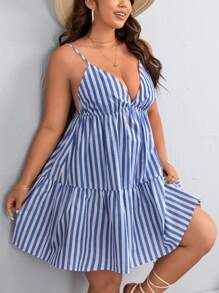 Dreamara Vestido de tirantes de rayas bajo con fruncido - Azul y blanco - Ver 5