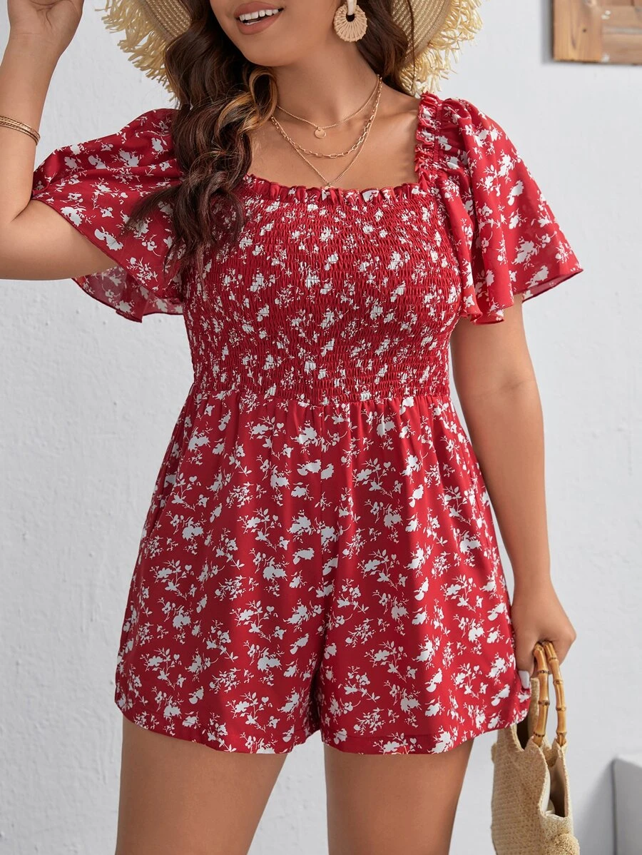 SHEIN VCAY 大碼碎花方領蝴蝶袖連身短褲 - 紅白色 - 查看 1