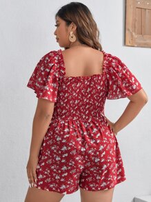 SHEIN VCAY 大碼碎花方領蝴蝶袖連身短褲 - 紅白色 - 查看 3