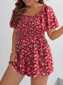 SHEIN VCAY 大碼碎花方領蝴蝶袖連身短褲 - 紅白色 - 查看 5