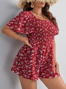 SHEIN VCAY 大碼碎花方領蝴蝶袖連身短褲 - 紅白色 - 查看 2