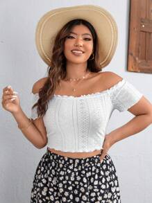 SHEIN VCAY Camiseta de hombros descubiertos ribete en forma de lechuga schiffy - Blanco - Ver 2