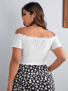 SHEIN VCAY Camiseta de hombros descubiertos ribete en forma de lechuga schiffy - Blanco - Ver 3