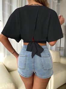 Breezaya Áo sơ mi nữ Buộc lại Trọn gói màu trơn Giải trí - màu đen - Xem 2