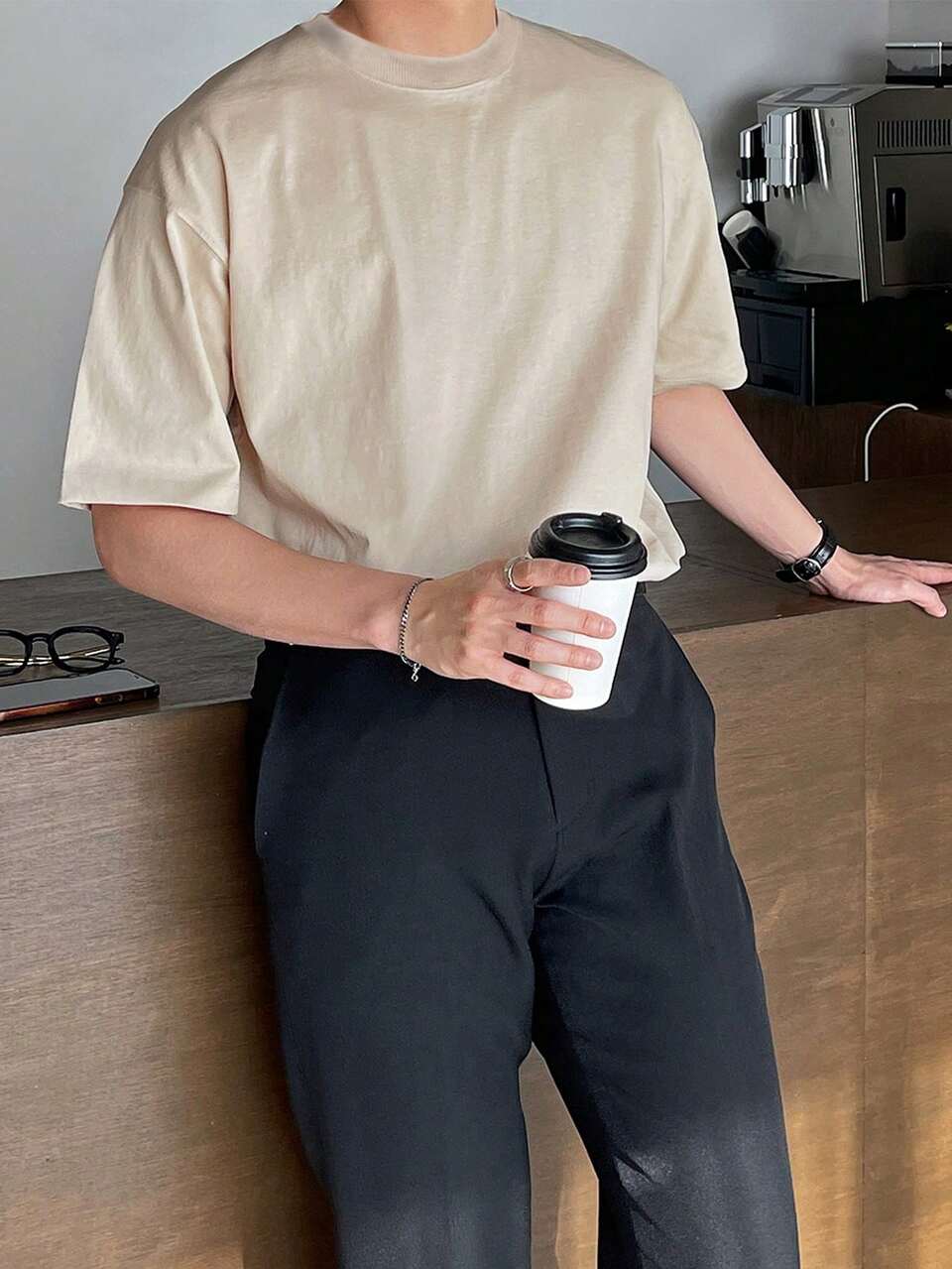 Men Cotton Solid Drop Shoulder Tee