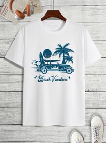 Hombres Camiseta con estampado de coche y letra - Blanco - Ver 1