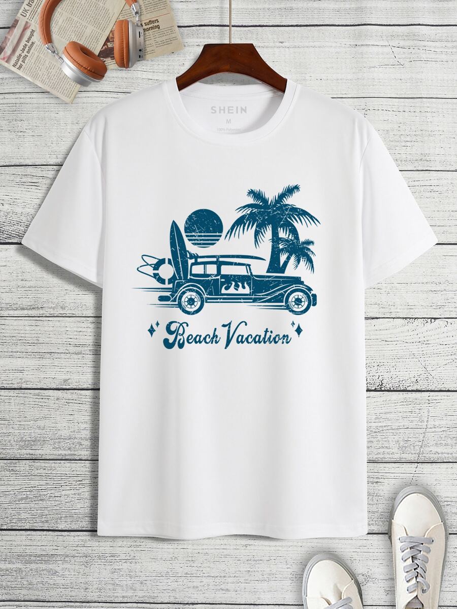 Hombres Camiseta con estampado de coche y letra - Blanco - Ver 1