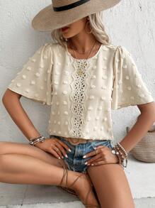 EMERY ROSE Swiss Dot Contrast Guipure Lace Butterfly Sleeve Blouse - Beige - View 2