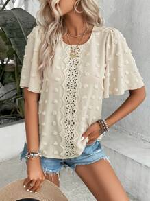 EMERY ROSE Swiss Dot Contrast Guipure Lace Butterfly Sleeve Blouse - Beige - View 5
