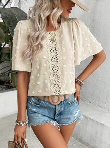 EMERY ROSE Swiss Dot Contrast Guipure Lace Butterfly Sleeve Blouse - Beige - View 6