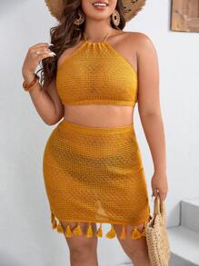 SHEIN VCAY de espalda abierta con cordón Top halter & bajo con fleco Falda - Mostaza Amarilla - Ver 4