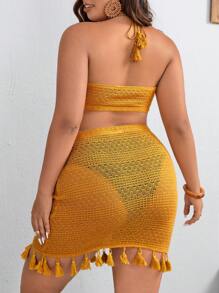 SHEIN VCAY de espalda abierta con cordón Top halter & bajo con fleco Falda - Mostaza Amarilla - Ver 2