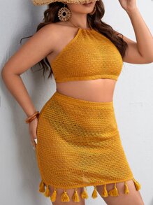 SHEIN VCAY de espalda abierta con cordón Top halter & bajo con fleco Falda - Mostaza Amarilla - Ver 3