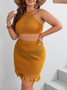 SHEIN VCAY de espalda abierta con cordón Top halter & bajo con fleco Falda - Mostaza Amarilla - Ver 1