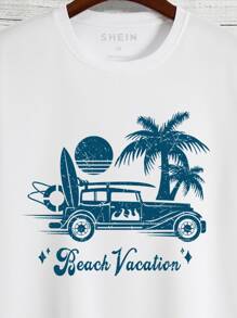 Hombres Camiseta con estampado de coche y letra - Blanco - Ver 3