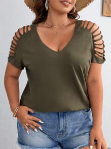 SHEIN LUNE Plus Ladder Cut Out Raglan Sleeve Tee - Army Green - View 4
