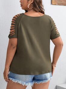 SHEIN LUNE Plus Ladder Cut Out Raglan Sleeve Tee - Army Green - View 2