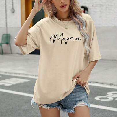 하트 & 레터 그래픽 드롭 숄더 티 그래픽 티셔츠 여성 탑