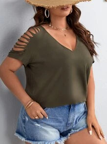 SHEIN LUNE Plus Ladder Cut Out Raglan Sleeve Tee - Army Green - View 1