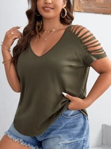 SHEIN LUNE Plus Ladder Cut Out Raglan Sleeve Tee - Army Green - View 6
