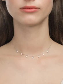 1 Quyến Rũ Đính Đá Cubic Zirconia Ngôi Sao & Mặt Trăng Bạc Vòng Cổ Cho Nữ Trang Trí Hàng Ngày - Bạc - Xem 1