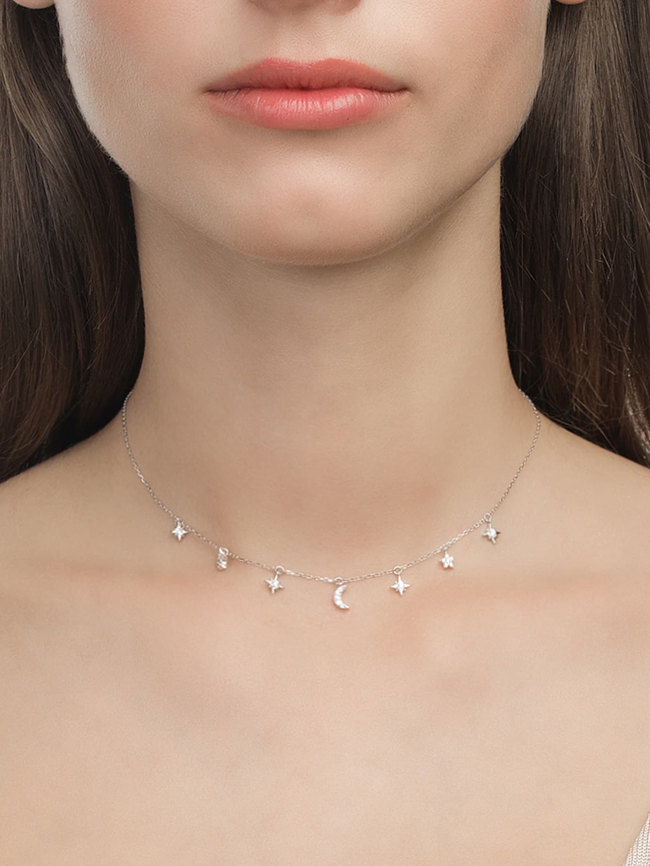 1 Quyến Rũ Đính Đá Cubic Zirconia Ngôi Sao & Mặt Trăng Bạc Vòng Cổ Cho Nữ Trang Trí Hàng Ngày - Bạc - Xem 1