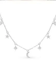 1 Quyến Rũ Đính Đá Cubic Zirconia Ngôi Sao & Mặt Trăng Bạc Vòng Cổ Cho Nữ Trang Trí Hàng Ngày - Bạc - Xem 2