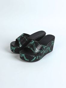 時尚坡跟涼鞋適用於女士雙色蛇皮壓花單帶涼鞋 - 彩色 - 查看 3