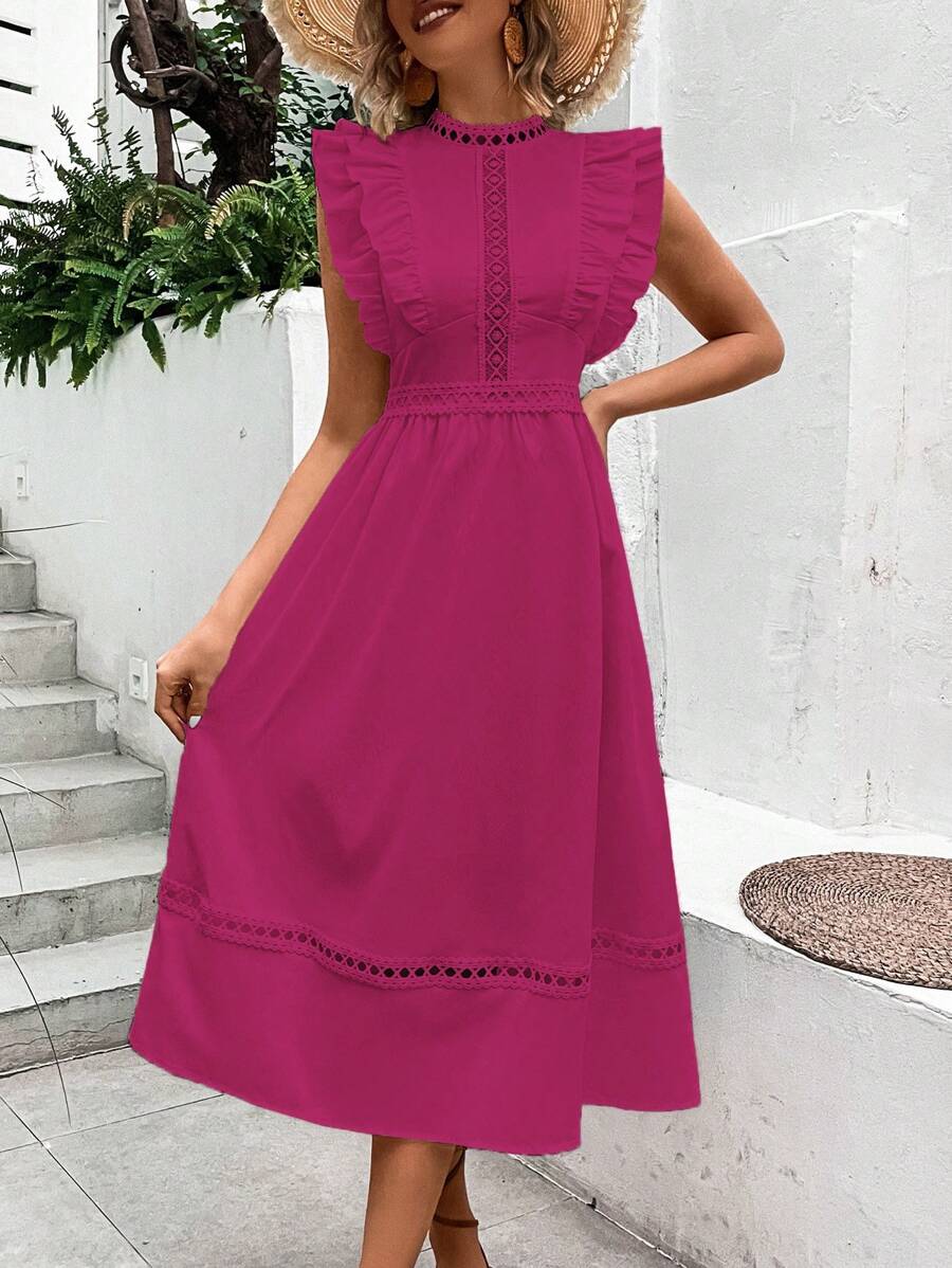 SHEIN Privé Guipure Lace Insert Ruffle Trim A-line Dress - Hot Pink - View 1