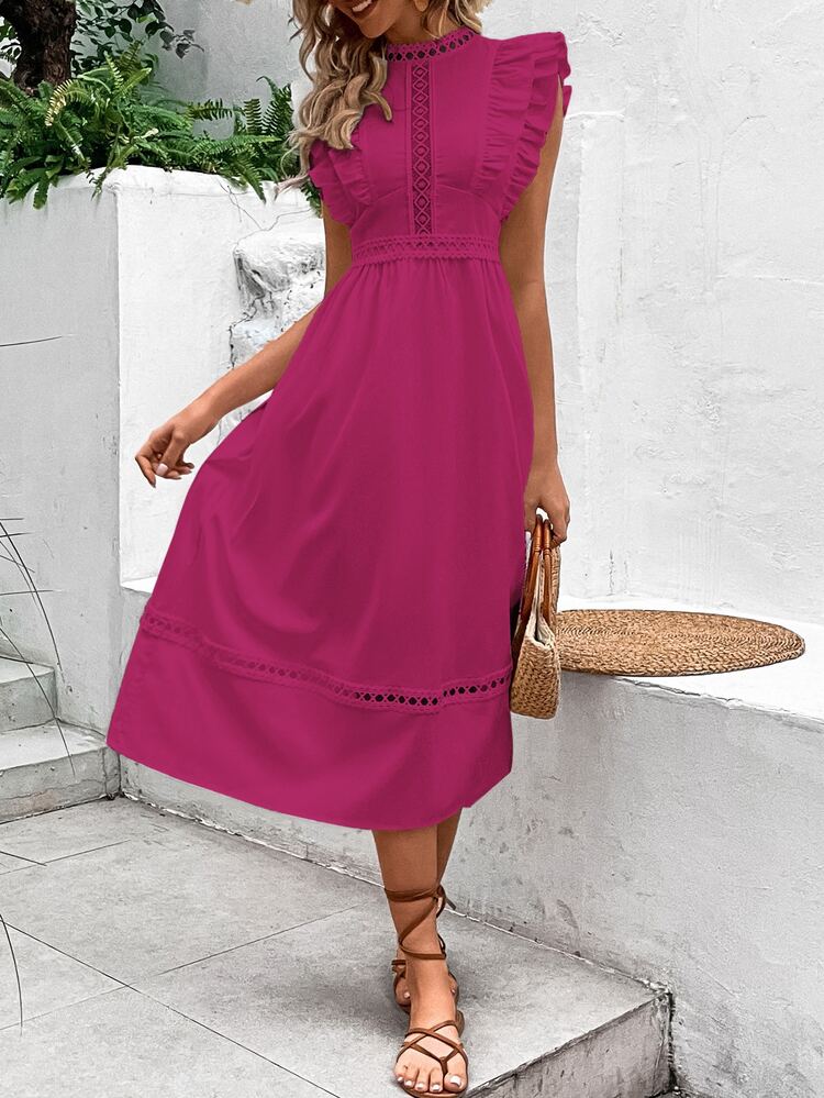 SHEIN Privé Guipure Lace Insert Ruffle Trim A-line Dress - Hot Pink - View 4