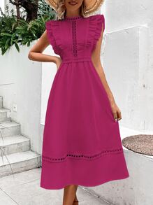 SHEIN Privé Guipure Lace Insert Ruffle Trim A-line Dress - Hot Pink - View 5
