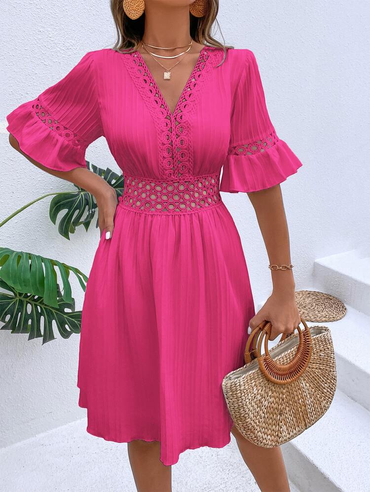 SHEIN VCAY Guipure Lace Insert Flounce Sleeve Dress - Hot Pink - View 3