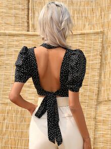 SHEIN VCAY Polka Dot Print Puff Sleeve Crop Blouse - Black - View 2