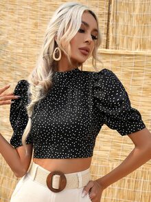 SHEIN VCAY Polka Dot Print Puff Sleeve Crop Blouse - Black - View 4