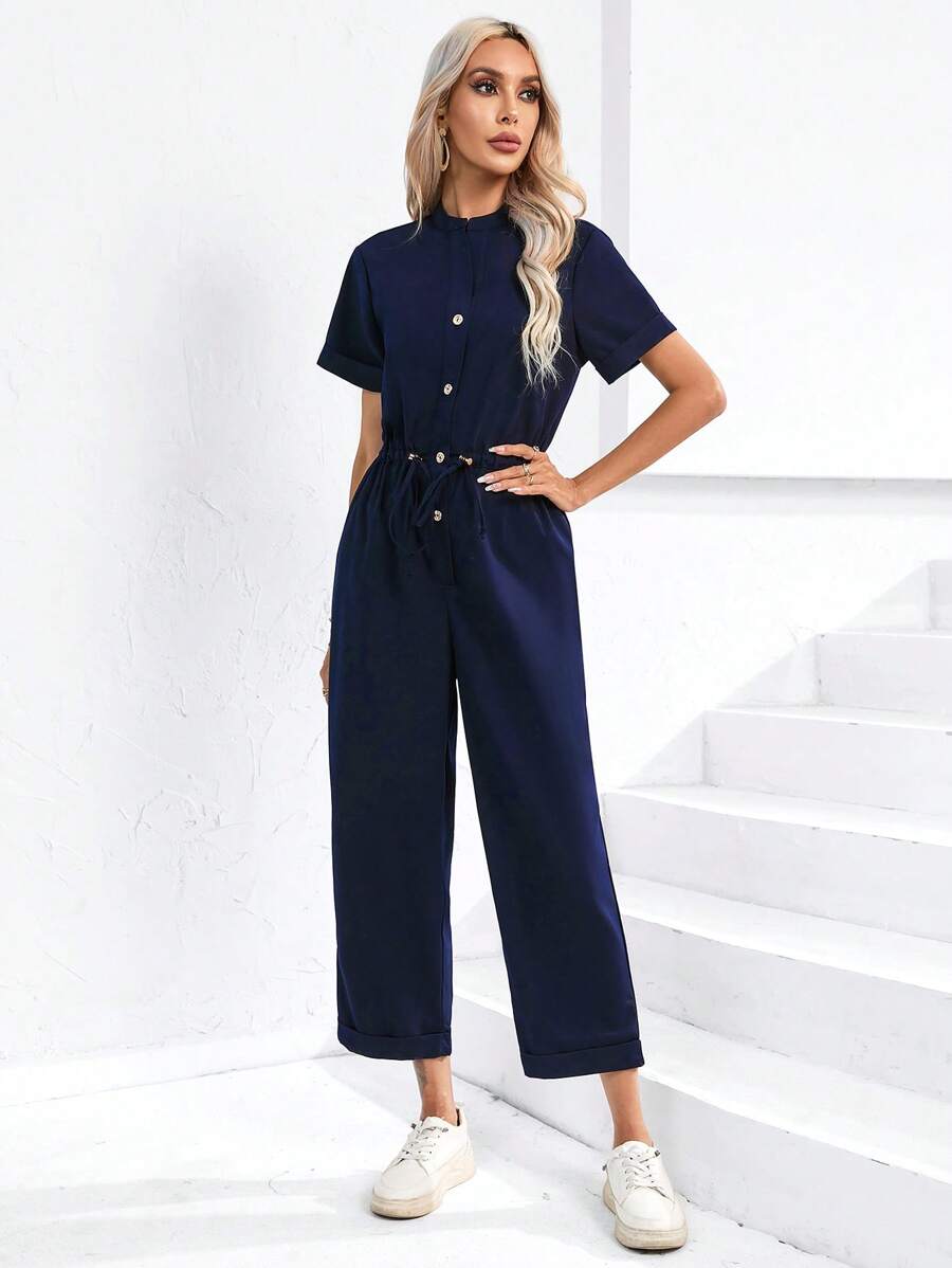 SHEIN Privé Áo liền quần nữ Dây kéo Nút phía trước màu trơn Giải trí - Màu xanh hải quân - Xem 1