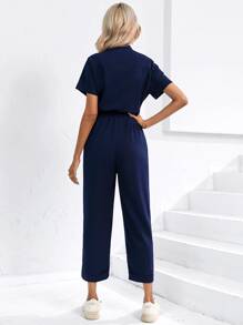 SHEIN Privé Áo liền quần nữ Dây kéo Nút phía trước màu trơn Giải trí - Màu xanh hải quân - Xem 2