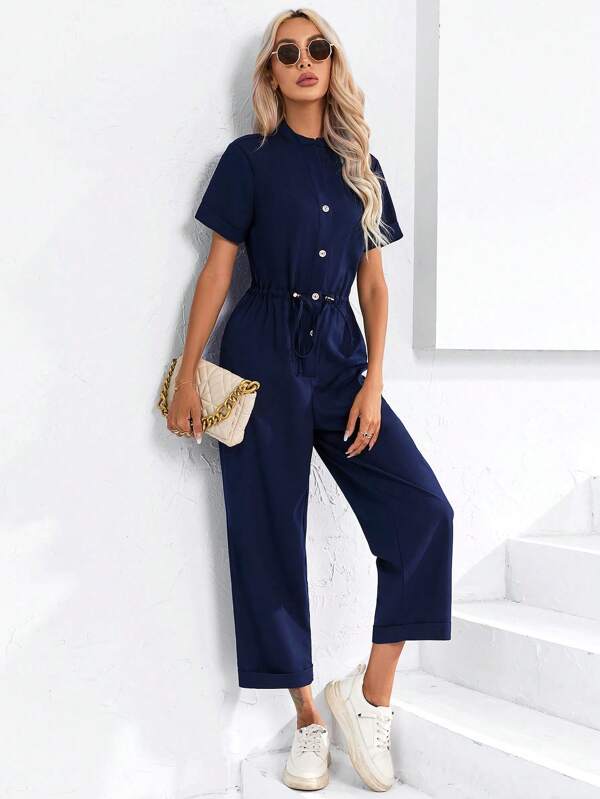 SHEIN Privé Solid Drawstring Waist Button Front Jumpsuit SHEIN USA